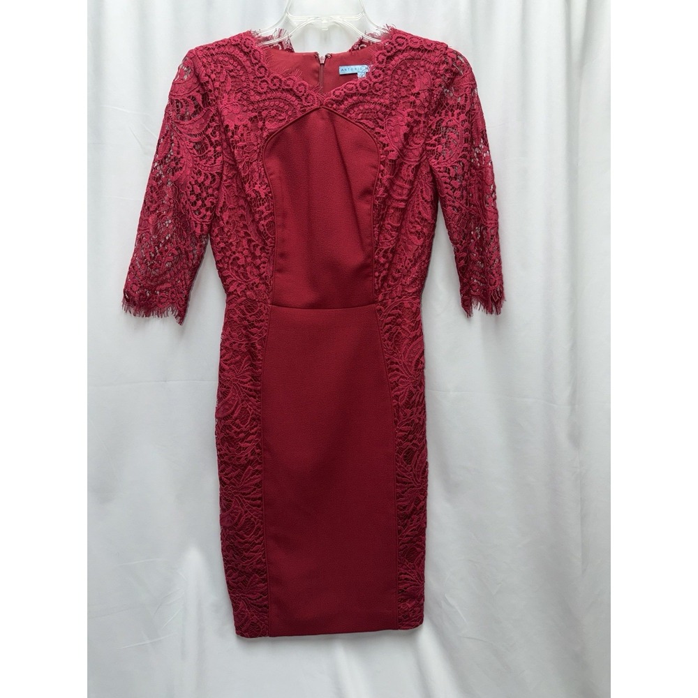 Antonio Melani Dress Size 2 Burgundy 3/4 sleeve Lace V-neck